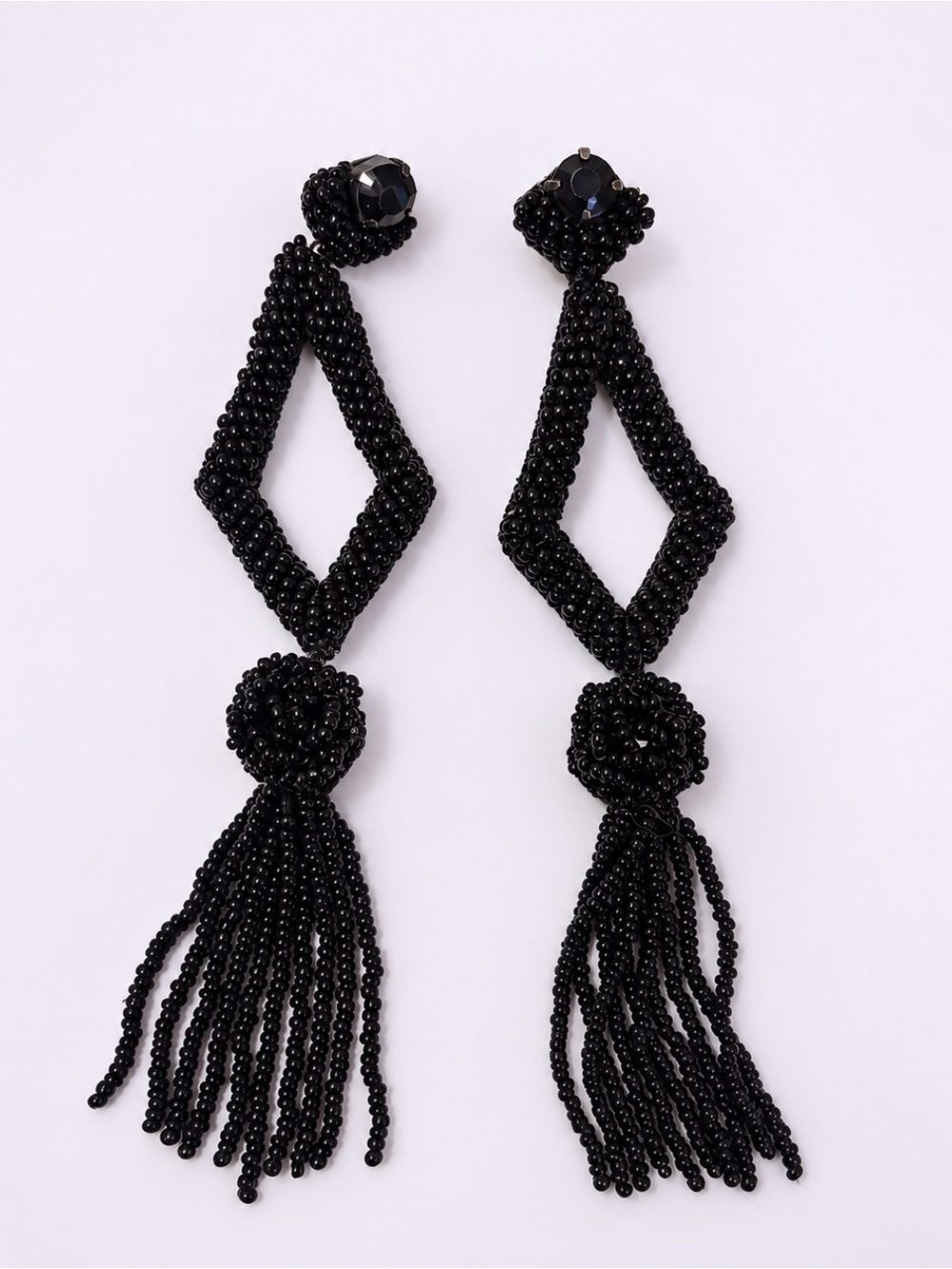 Deepa Gurnani Black Classic Tassel Beaded Drop Long Statement Earrings